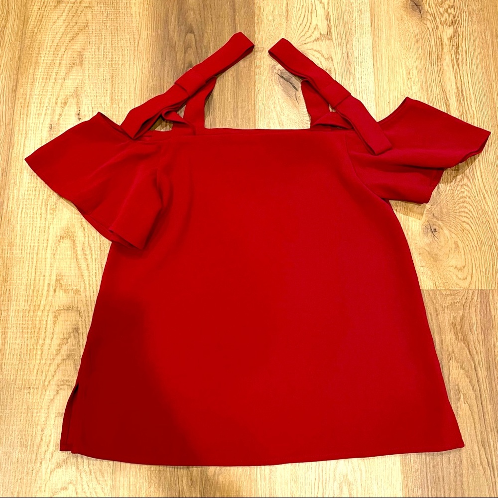 Ann Taylor Petite Off Shoulder Dark Red Blouse with Bow Straps